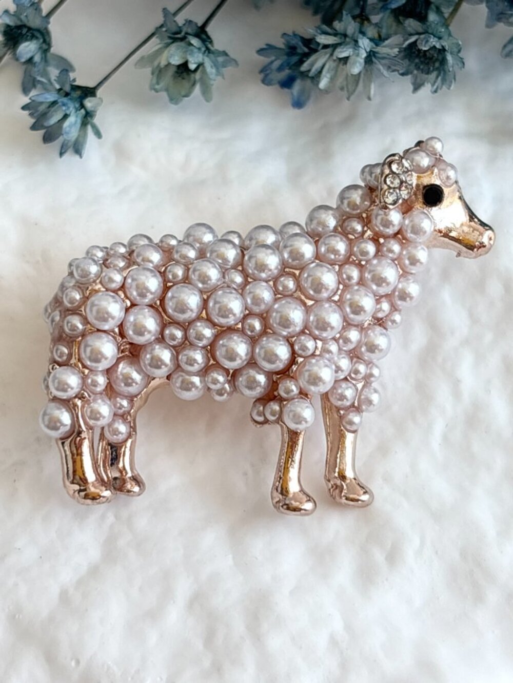 Sheep Figural Faux Pearl Accented Gold Toned Vintage Inspired Brooch Pin - Picture 2 of 14